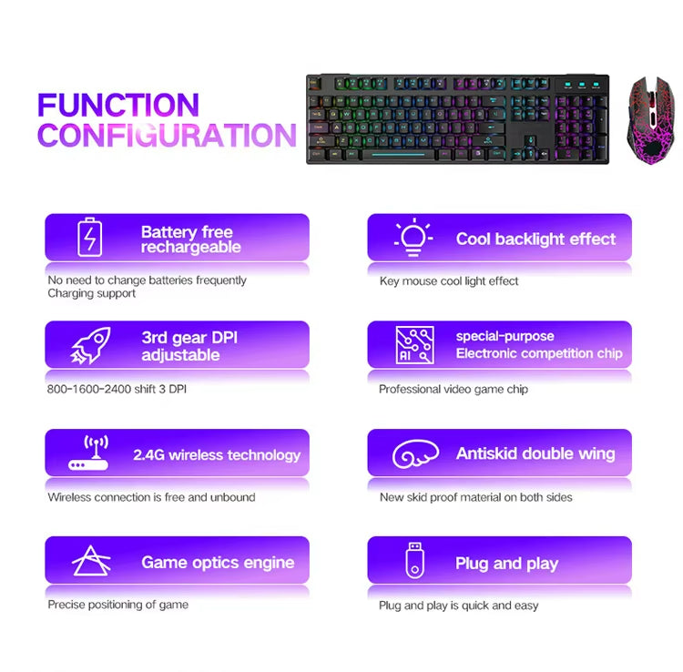 2.4G Wireless Gaming Keyboard and Mouse Combos RGB Led Usb Game Klavye Set for Home Laptop Computer Desktop Win PC Games F2
