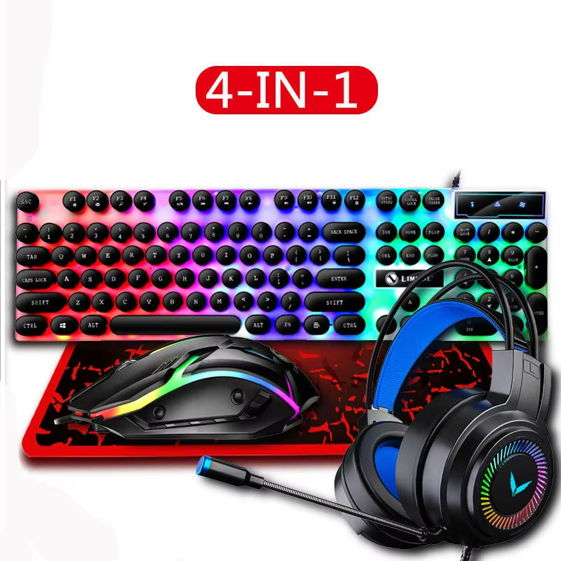 4 in 1 RGB PC Keyboard Mouse Gamer Combo Gaming Setup and Mouse Kit Set with Headphones Mouse Pad