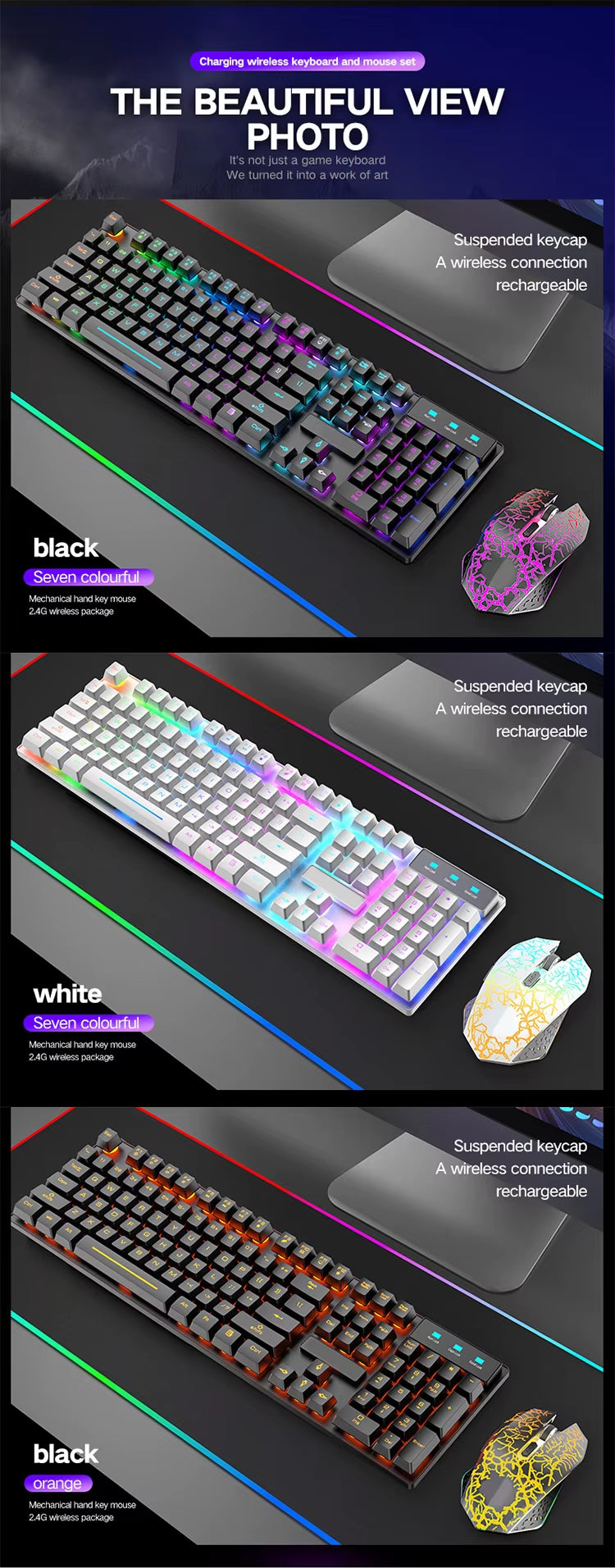 2.4G Wireless Gaming Keyboard and Mouse Combos RGB Led Usb Game Klavye Set for Home Laptop Computer Desktop Win PC Games F2