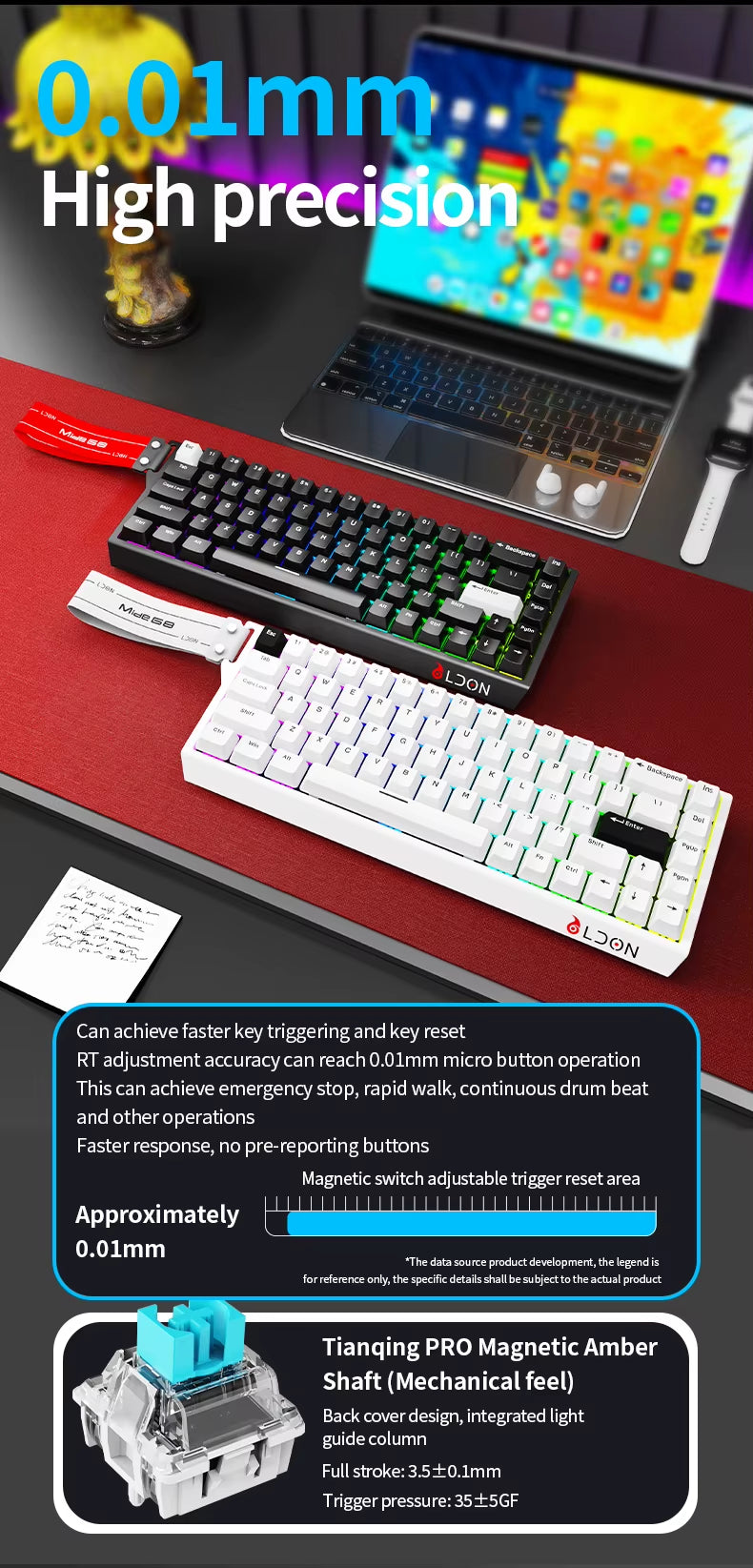 LDON 68 New Model RGB Wired Gaming Keyboard 8000Hz Magnetic Switch 68 Laser Keys for PC Desktop Mechanical Operation