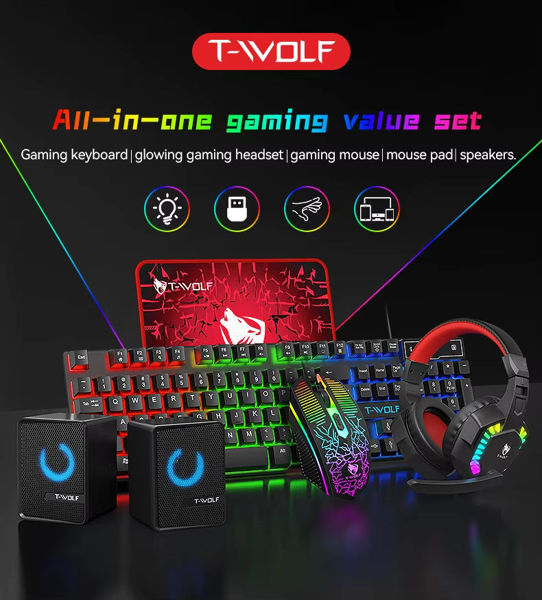 T-WOLF TF880 5IN1 Wired Gaming Keyboard Mouse Mousepad Headset Headphones Speaker Combos Set 104 Keys Gaming Keyboard Set for Pc