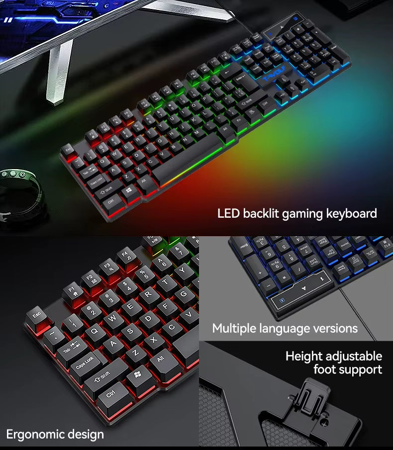 T-WOLF TF880 5IN1 Wired Gaming Keyboard Mouse Mousepad Headset Headphones Speaker Combos Set 104 Keys Gaming Keyboard Set for Pc