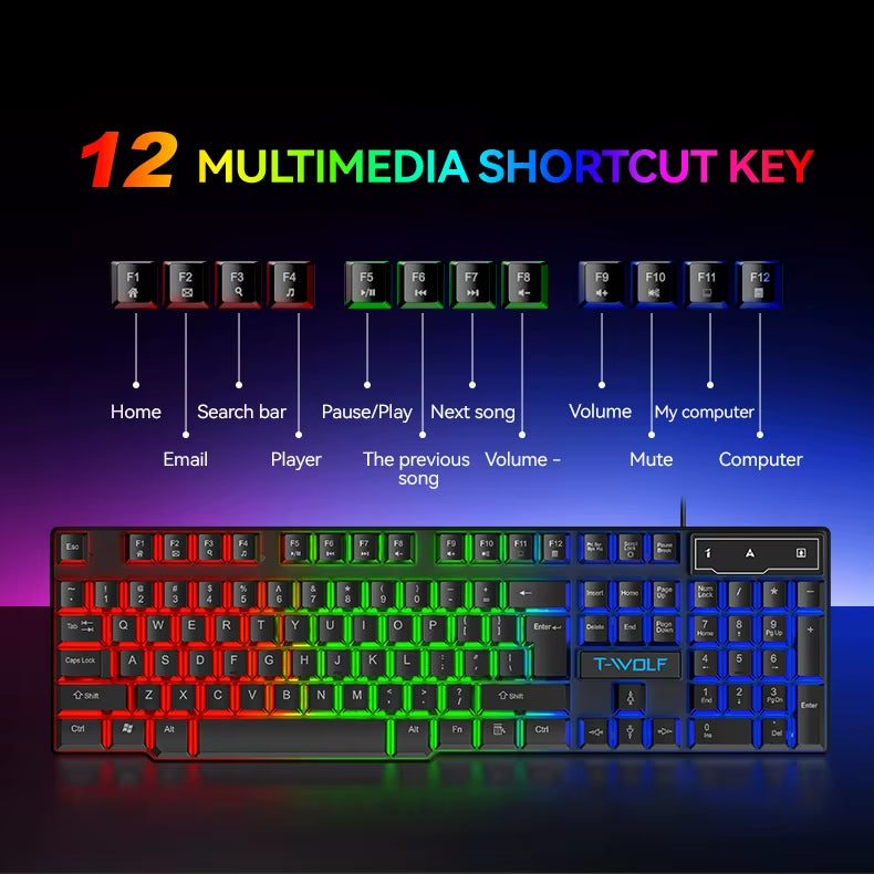 T-WOLF TF880 5IN1 Wired Gaming Keyboard Mouse Mousepad Headset Headphones Speaker Combos Set 104 Keys Gaming Keyboard Set for Pc