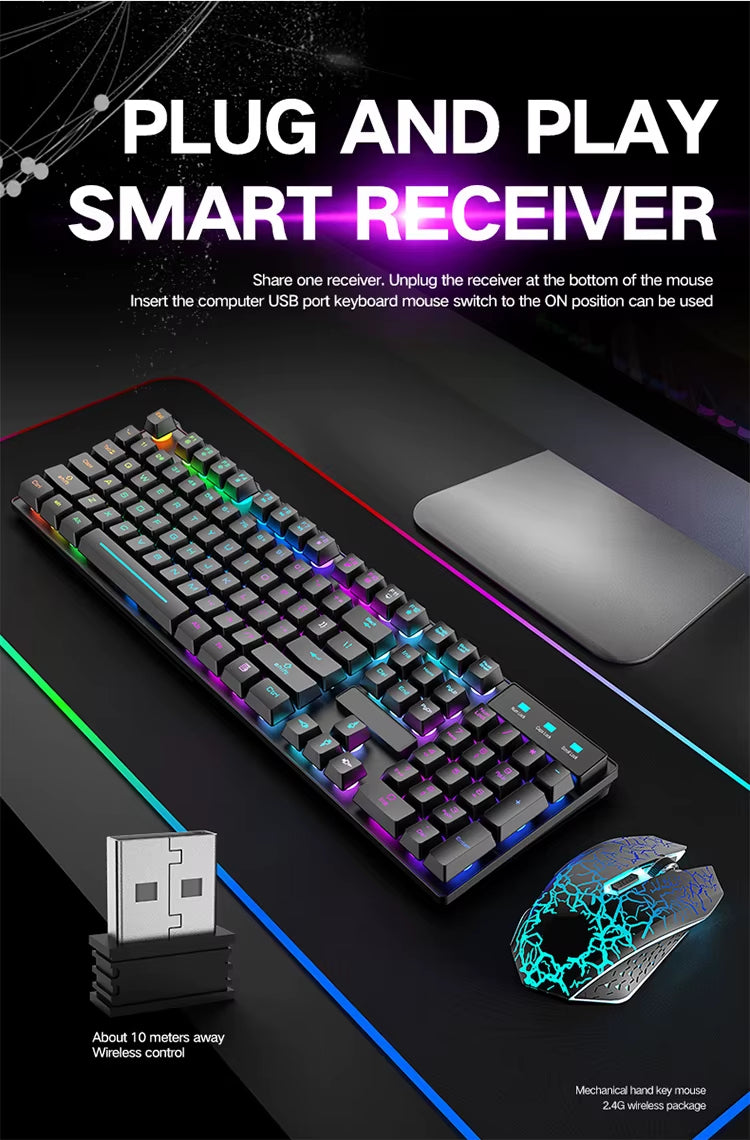 2.4G Wireless Gaming Keyboard and Mouse Combos RGB Led Usb Game Klavye Set for Home Laptop Computer Desktop Win PC Games F2