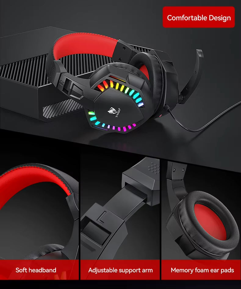 T-WOLF TF880 5IN1 Wired Gaming Keyboard Mouse Mousepad Headset Headphones Speaker Combos Set 104 Keys Gaming Keyboard Set for Pc