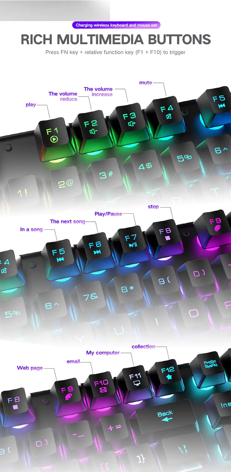 2.4G Wireless Gaming Keyboard and Mouse Combos RGB Led Usb Game Klavye Set for Home Laptop Computer Desktop Win PC Games F2