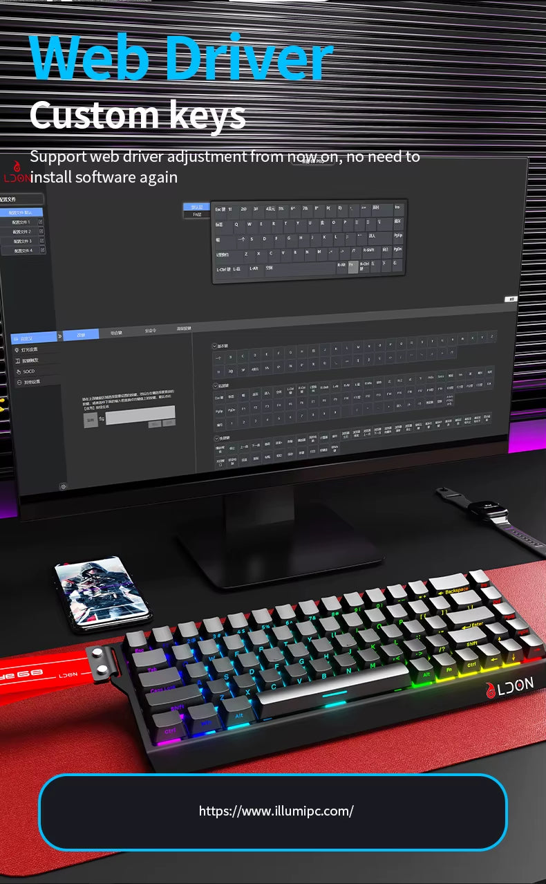 LDON 68 New Model RGB Wired Gaming Keyboard 8000Hz Magnetic Switch 68 Laser Keys for PC Desktop Mechanical Operation