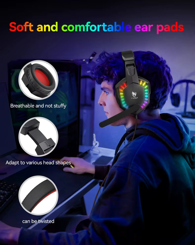 T-WOLF TF880 5IN1 Wired Gaming Keyboard Mouse Mousepad Headset Headphones Speaker Combos Set 104 Keys Gaming Keyboard Set for Pc