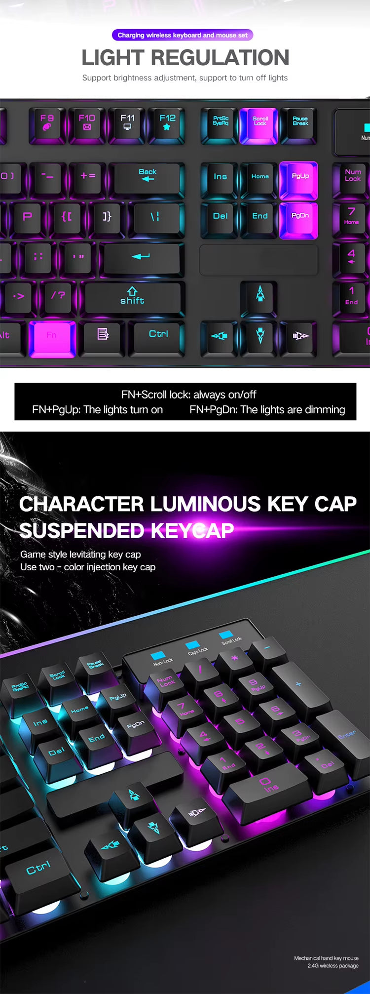 2.4G Wireless Gaming Keyboard and Mouse Combos RGB Led Usb Game Klavye Set for Home Laptop Computer Desktop Win PC Games F2