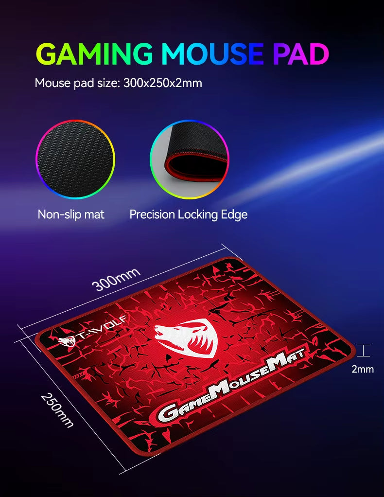 T-WOLF TF880 5IN1 Wired Gaming Keyboard Mouse Mousepad Headset Headphones Speaker Combos Set 104 Keys Gaming Keyboard Set for Pc