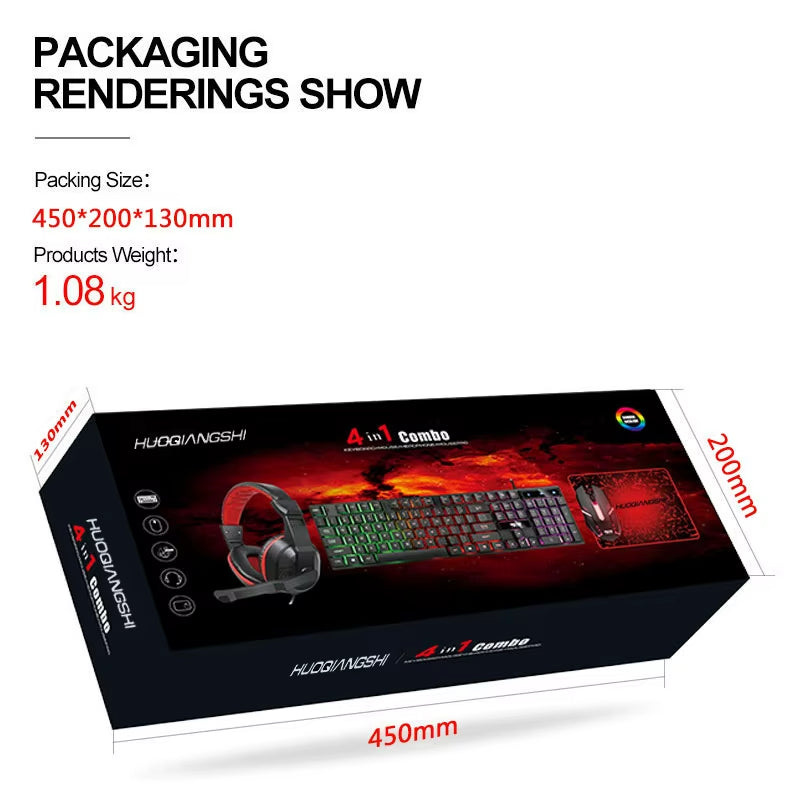 4 in 1 RGB PC Keyboard Mouse Gamer Combo Gaming Setup and Mouse Kit Set with Headphones Mouse Pad