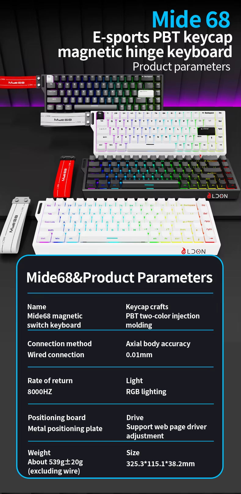 LDON 68 New Model RGB Wired Gaming Keyboard 8000Hz Magnetic Switch 68 Laser Keys for PC Desktop Mechanical Operation