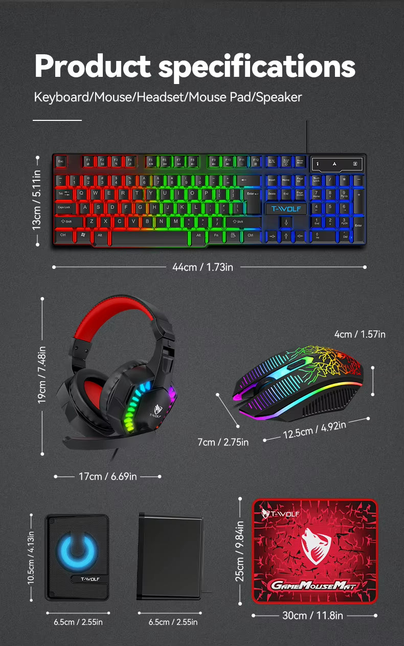 T-WOLF TF880 5IN1 Wired Gaming Keyboard Mouse Mousepad Headset Headphones Speaker Combos Set 104 Keys Gaming Keyboard Set for Pc