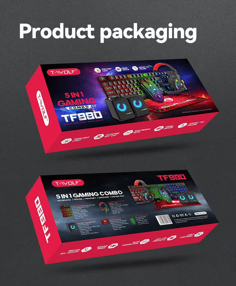 T-WOLF TF880 5IN1 Wired Gaming Keyboard Mouse Mousepad Headset Headphones Speaker Combos Set 104 Keys Gaming Keyboard Set for Pc