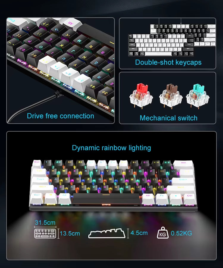 AMZ Hot Sale 60 Percent Mechanical Keyboard 60% Mini Portable Computer Compact Gamer Keyboard Blue Switch Gaming Keyboard BD61