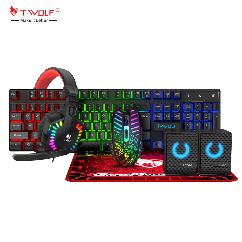 T-WOLF TF880 5IN1 Wired Gaming Keyboard Mouse Mousepad Headset Headphones Speaker Combos Set 104 Keys Gaming Keyboard Set for Pc