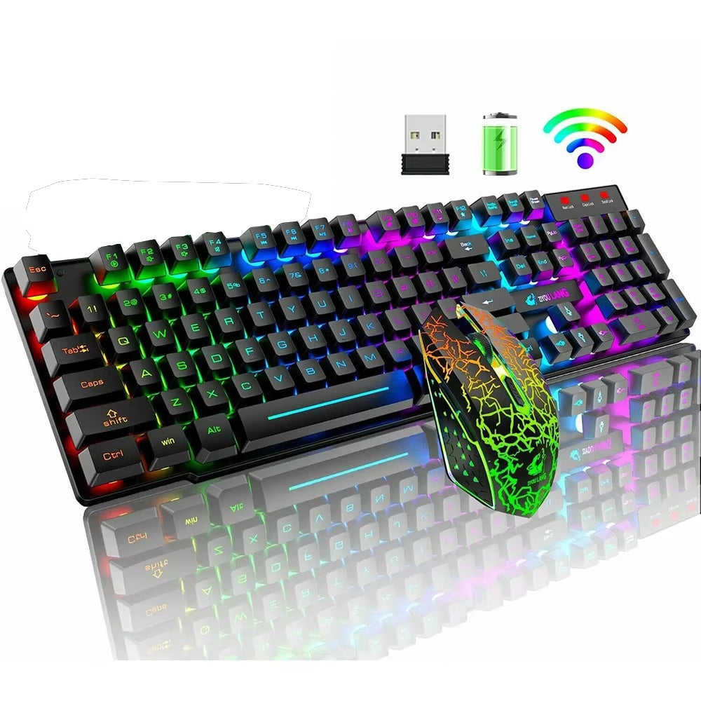 2.4G Wireless Gaming Keyboard and Mouse Combos RGB Led Usb Game Klavye Set for Home Laptop Computer Desktop Win PC Games F2