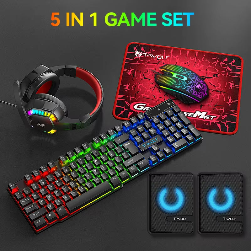 T-WOLF TF880 5IN1 Wired Gaming Keyboard Mouse Mousepad Headset Headphones Speaker Combos Set 104 Keys Gaming Keyboard Set for Pc