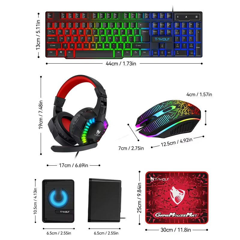 T-WOLF TF880 5IN1 Wired Gaming Keyboard Mouse Mousepad Headset Headphones Speaker Combos Set 104 Keys Gaming Keyboard Set for Pc