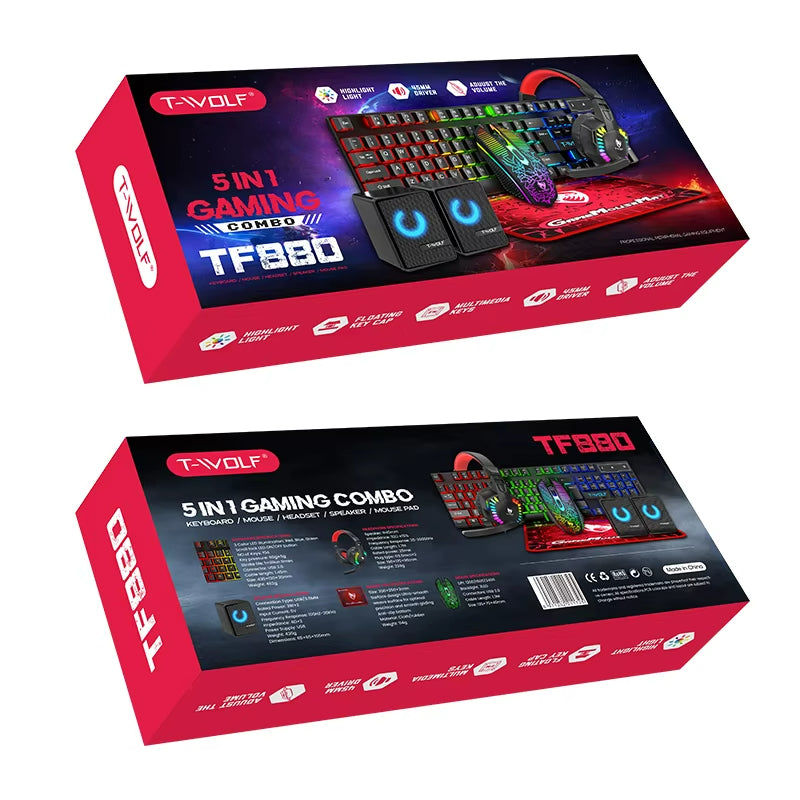 T-WOLF TF880 5IN1 Wired Gaming Keyboard Mouse Mousepad Headset Headphones Speaker Combos Set 104 Keys Gaming Keyboard Set for Pc