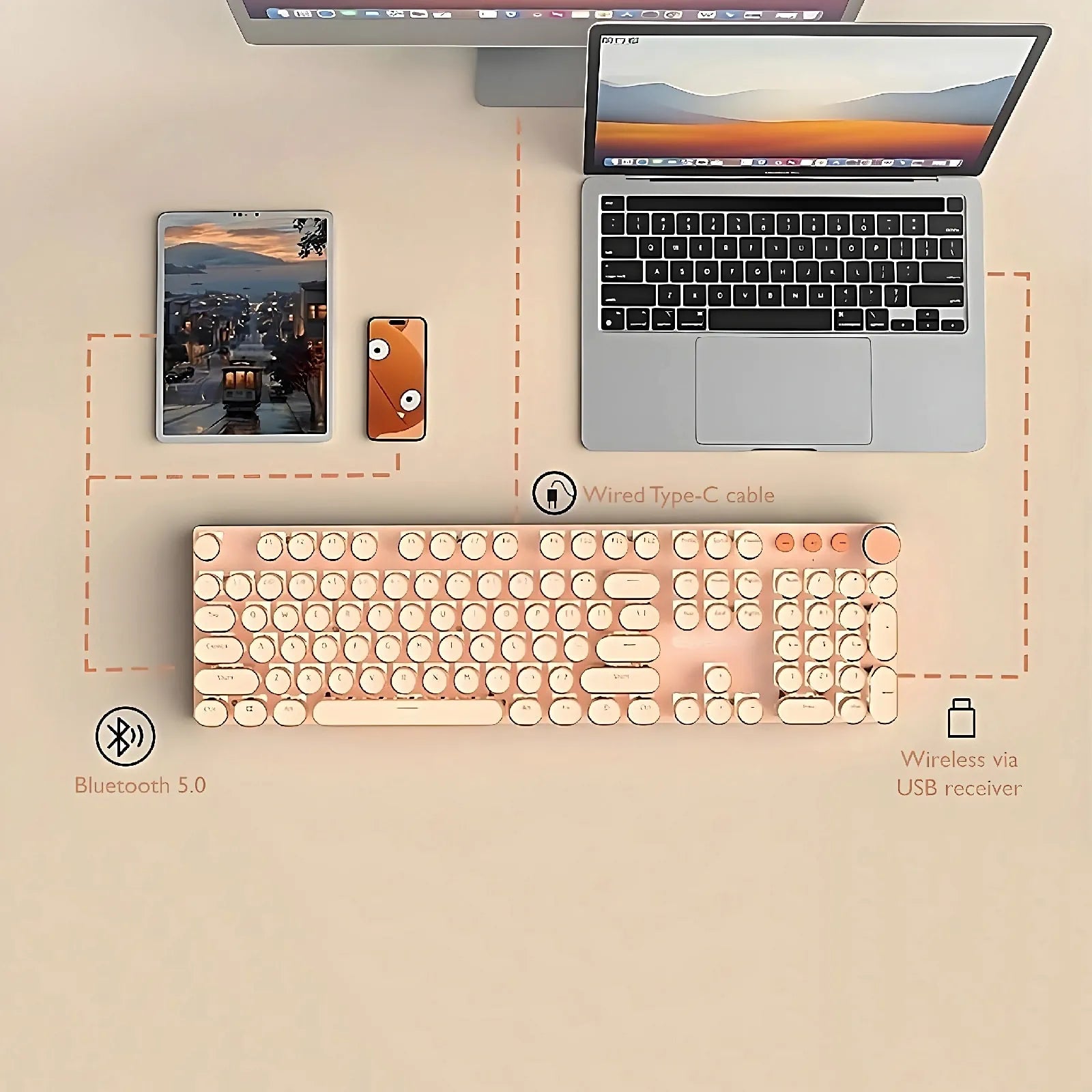 Retro Typewriter Bluetooth Keyboard and Mouse Set 2S – Milk Tea Cream