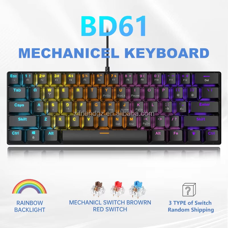 AMZ Hot Sale 60 Percent Mechanical Keyboard 60% Mini Portable Computer Compact Gamer Keyboard Blue Switch Gaming Keyboard BD61