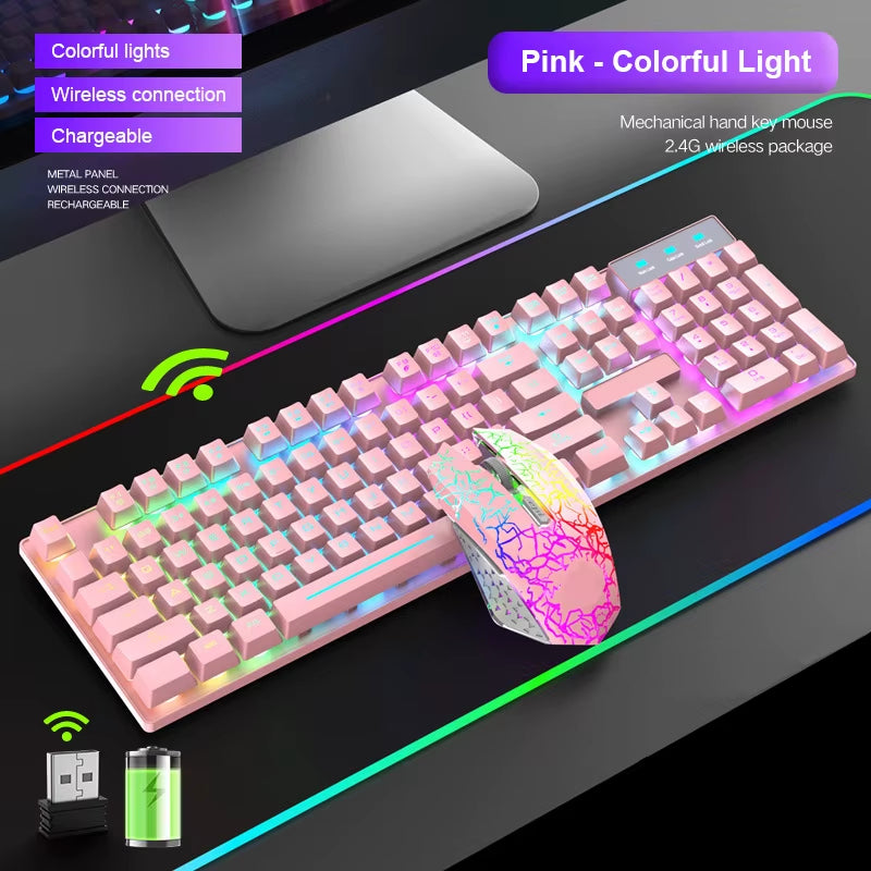 2.4G Wireless Gaming Keyboard and Mouse Combos RGB Led Usb Game Klavye Set for Home Laptop Computer Desktop Win PC Games F2